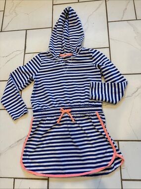 Gymboree Blue, White Striped Hooded Dress with Coral Trim - so cute! size 7/8